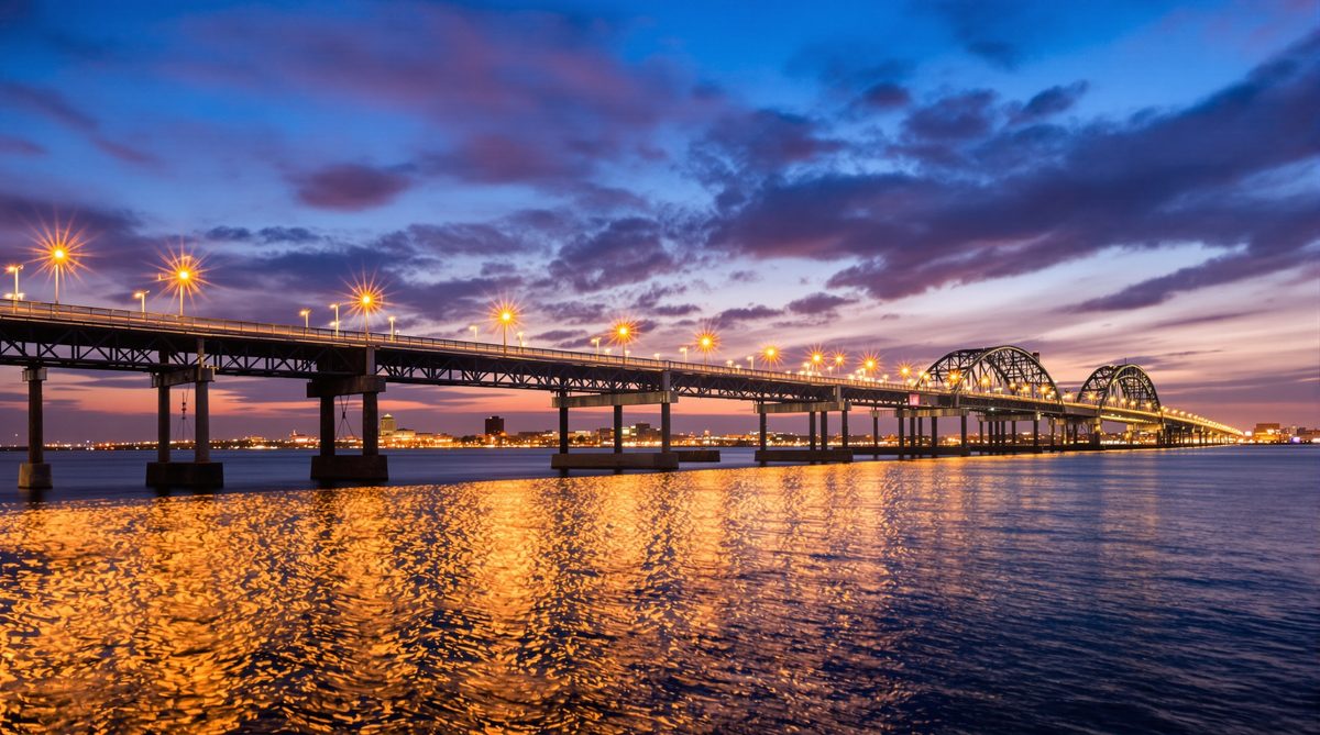 Corpus Christi Texas Harbor Bridge illuminated at dusk — amber and blue reflections on the bay, city lights glowing — CC Auto Glass Pros local Coastal Bend roots