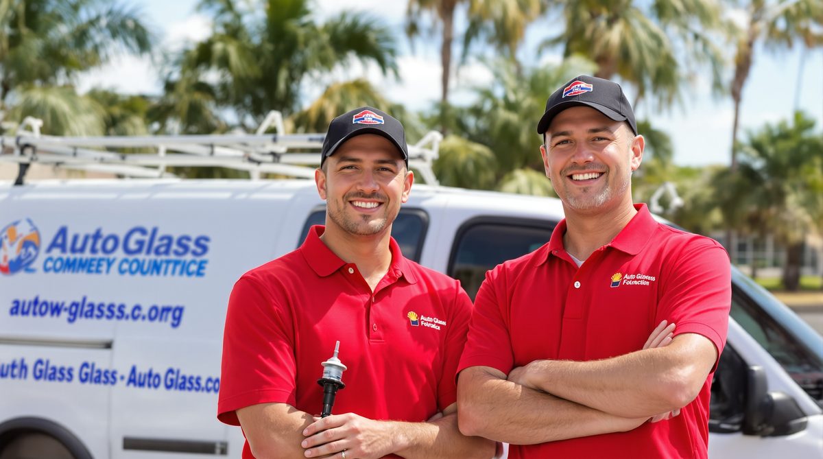 Two CC Auto Glass Pros technicians in red uniforms smiling in front of white service van with palm trees — Corpus Christi TX auto glass team
