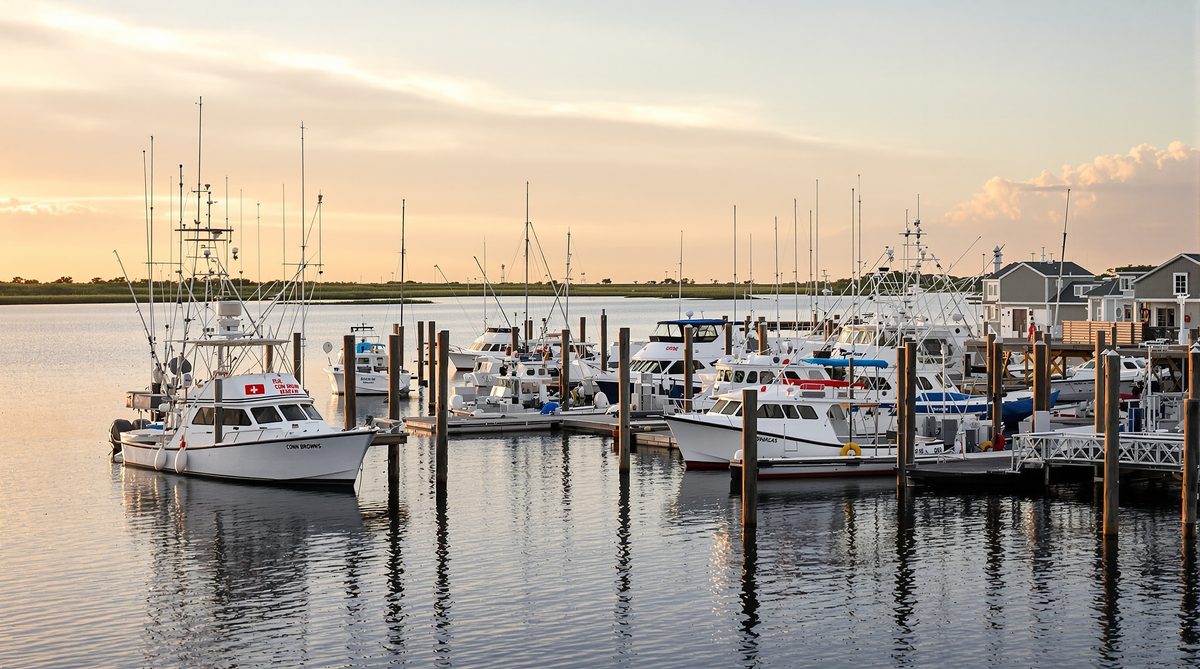 Conn Brown Harbor Aransas Pass Texas at sunset — fishing boats and sport fishing vessels moored at the docks with calm bay water