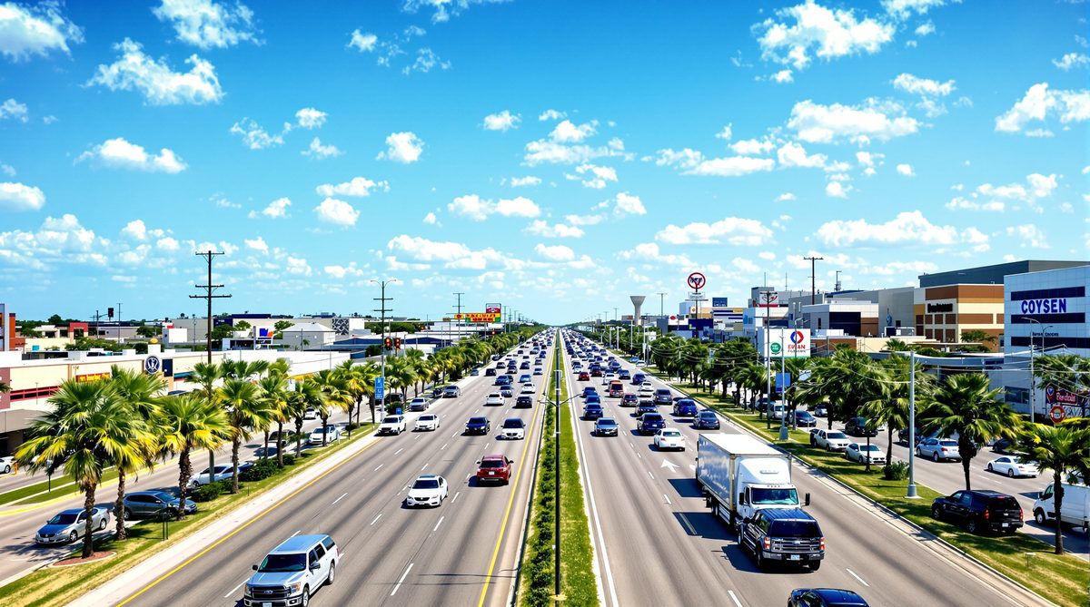 Busy South Padre Island Drive SPID boulevard in Corpus Christi Texas with palm trees and heavy traffic — source of windshield chip damage