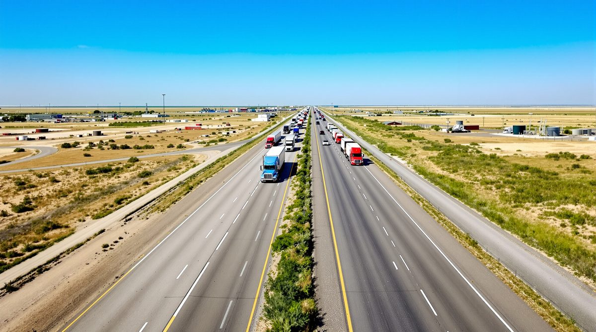I-37 near Calallen Texas — flat straight interstate highway with heavy semi trucks in both directions under bright blue sky