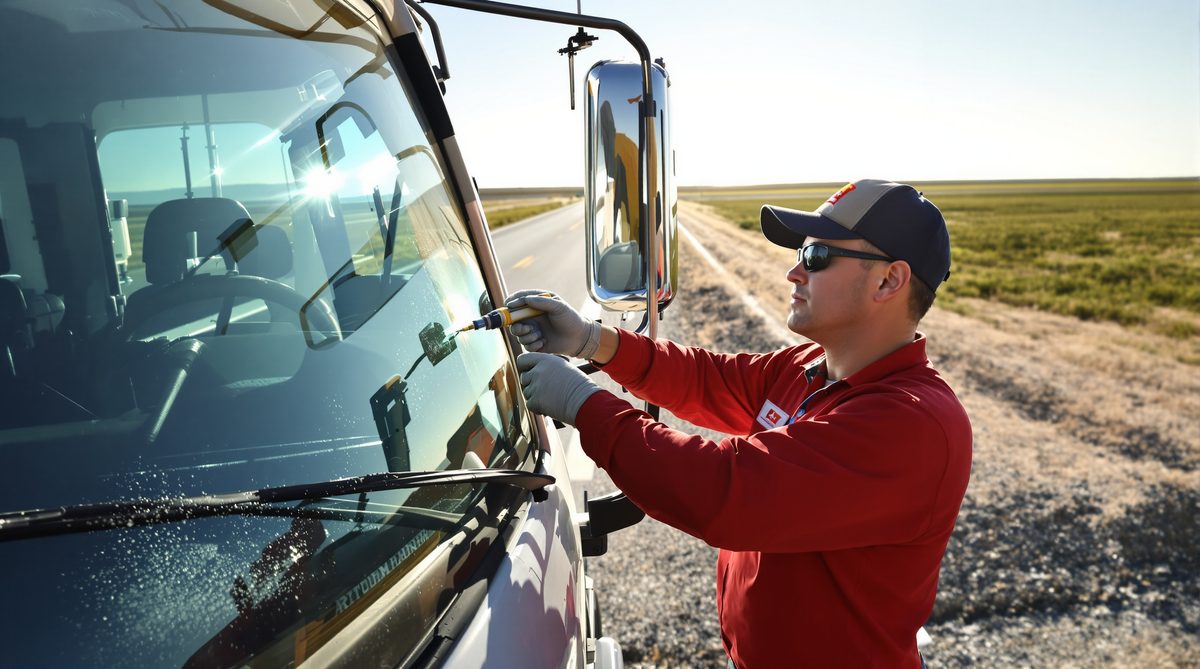 Auto glass technician in red uniform repairing windshield chip on work truck on shoulder of flat Texas highway near Calallen TX