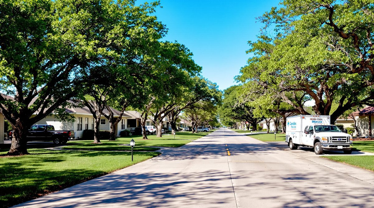 Corpus Christi Texas residential neighborhood street with live oak trees and homes — white CC Auto Glass Pros mobile service van parked at a customer home