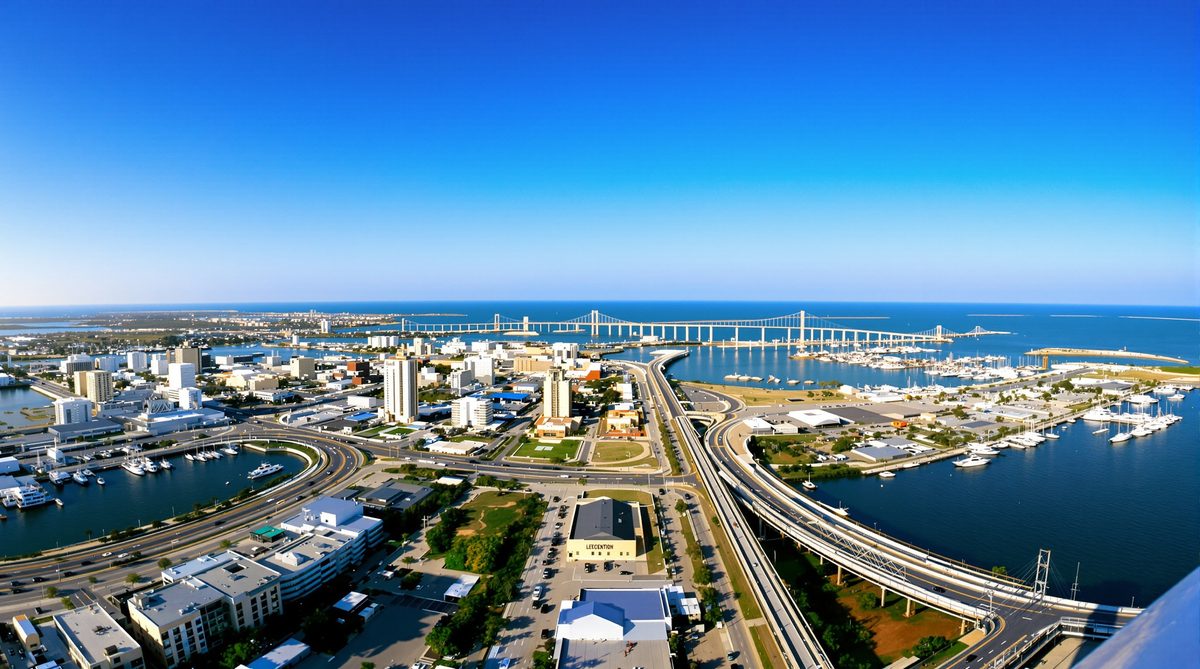 Aerial view of Corpus Christi Texas downtown skyline Harbor Bridge marina and bay — CC Auto Glass Pros service area