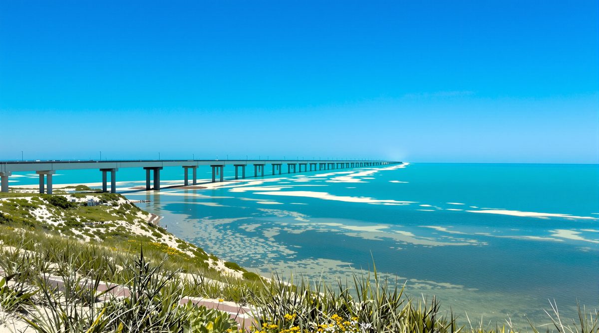 JFK Causeway bridge spanning brilliant turquoise blue Laguna Madre water with white sandy shores and coastal vegetation — Flour Bluff Padre Island Texas