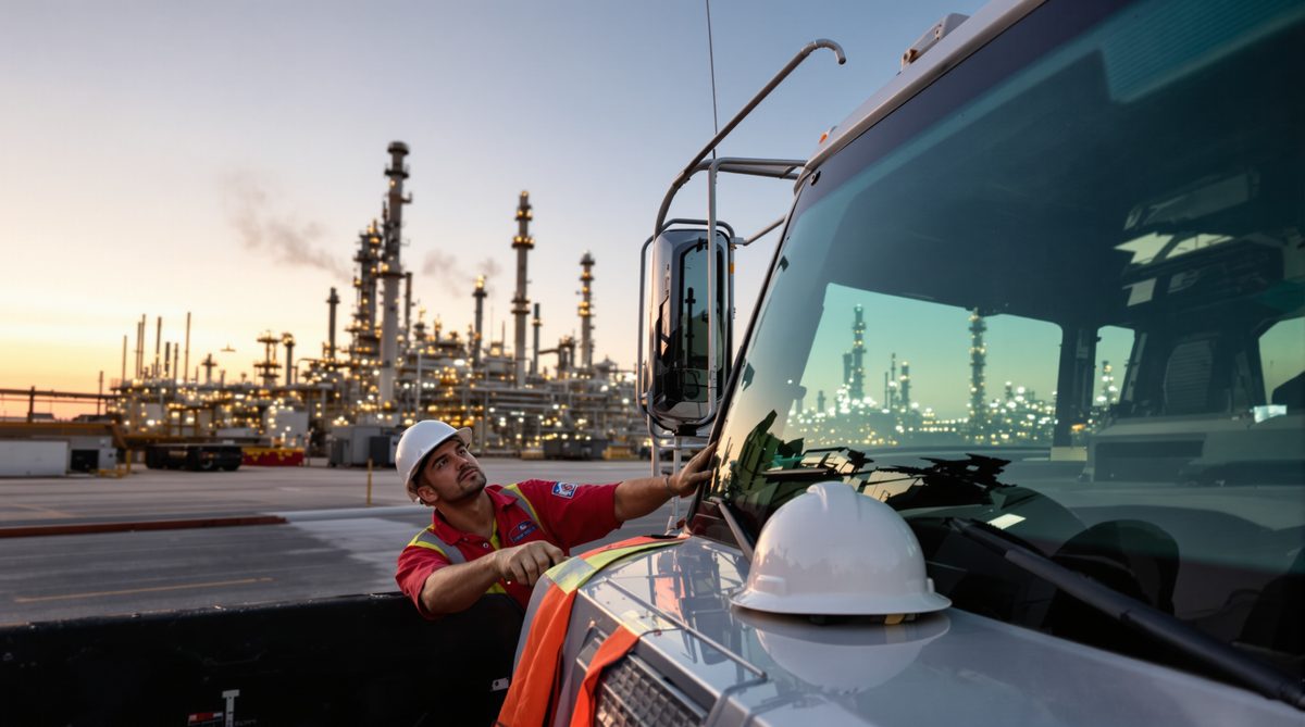 Auto glass technician in red safety vest and hard hat replacing windshield on work truck at petrochemical plant parking lot Gregory Texas at dawn
