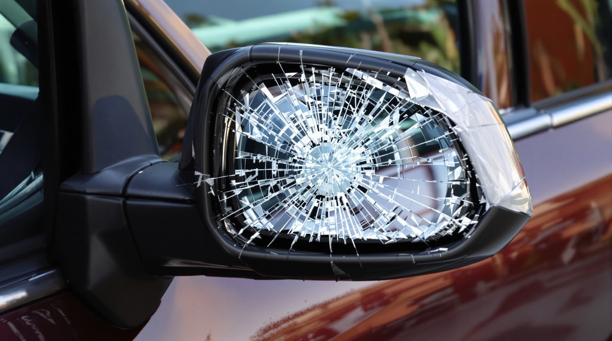 Shattered car side mirror on vehicle door — side mirror repair and replacement Corpus Christi TX