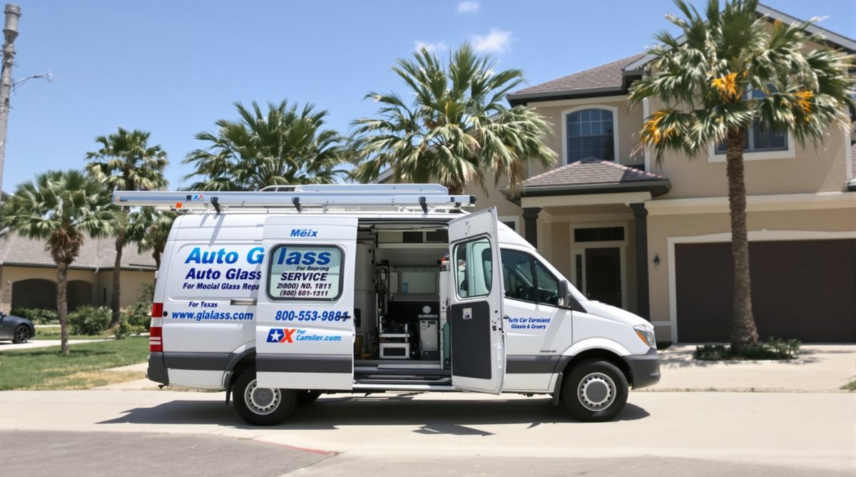 Mobile auto glass service van with open doors parked at South Texas home — we come to you in Corpus Christi TX