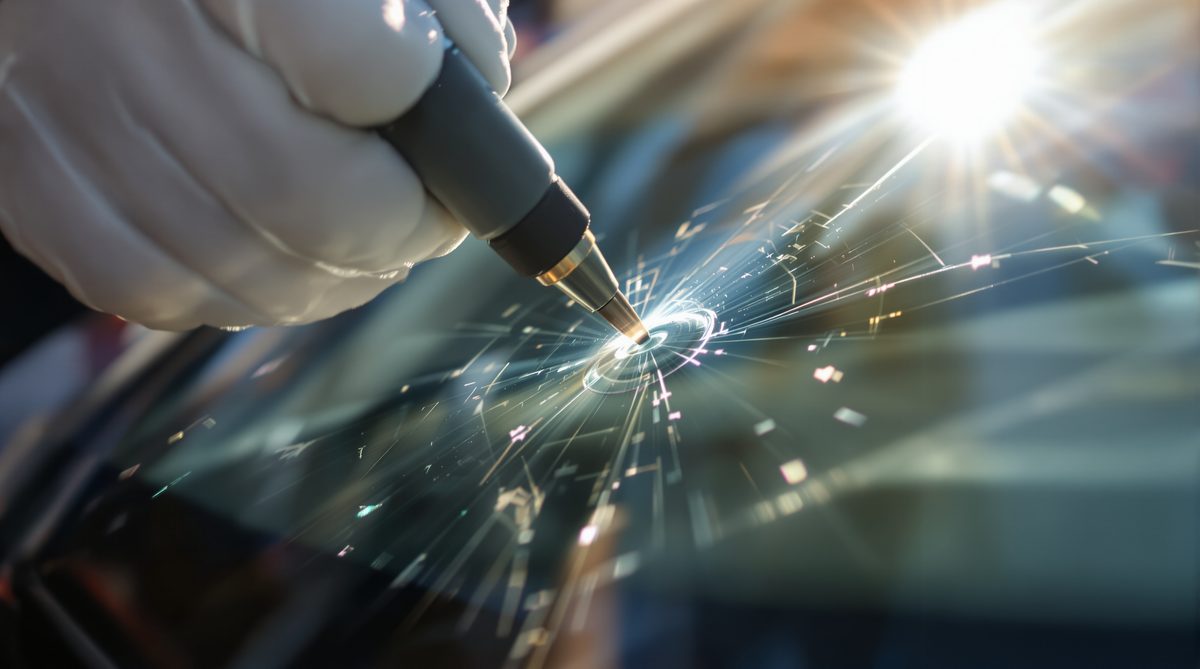 Auto glass chip repair — professional resin tool on cracked windshield Corpus Christi TX