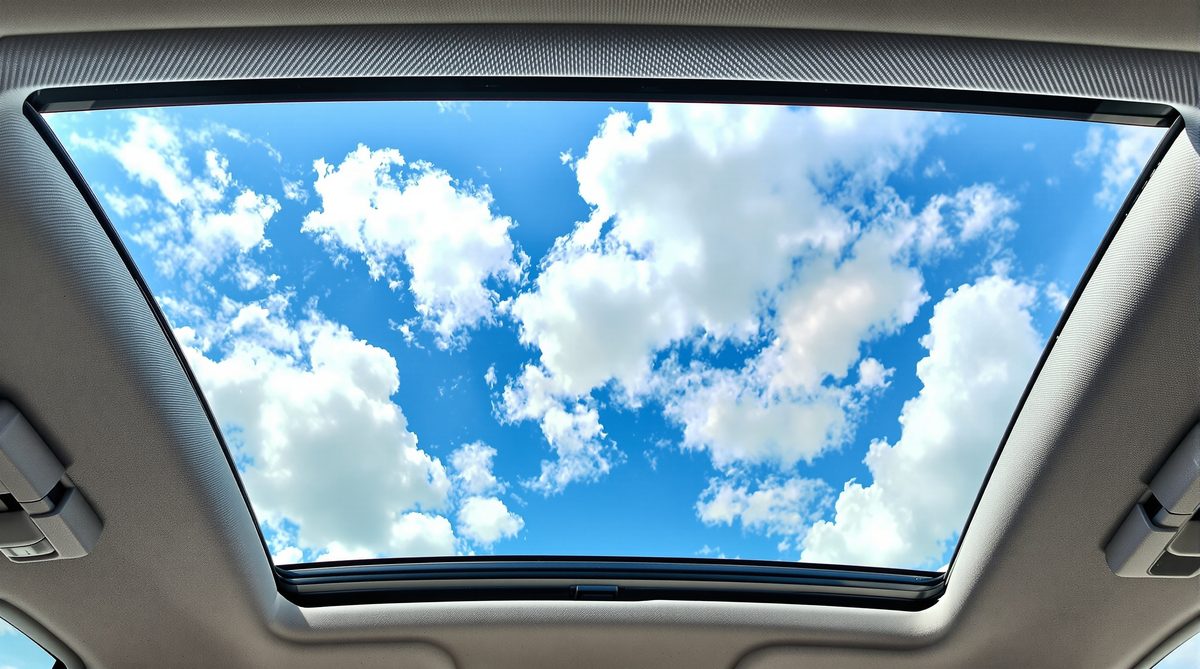 Car interior panoramic sunroof open to brilliant blue Texas sky — sunroof glass repair Corpus Christi TX