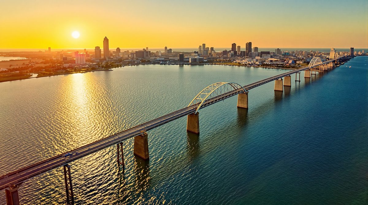 Aerial view of Corpus Christi Texas Harbor Bridge and bay at golden hour sunset — CC Auto Glass Pros service area