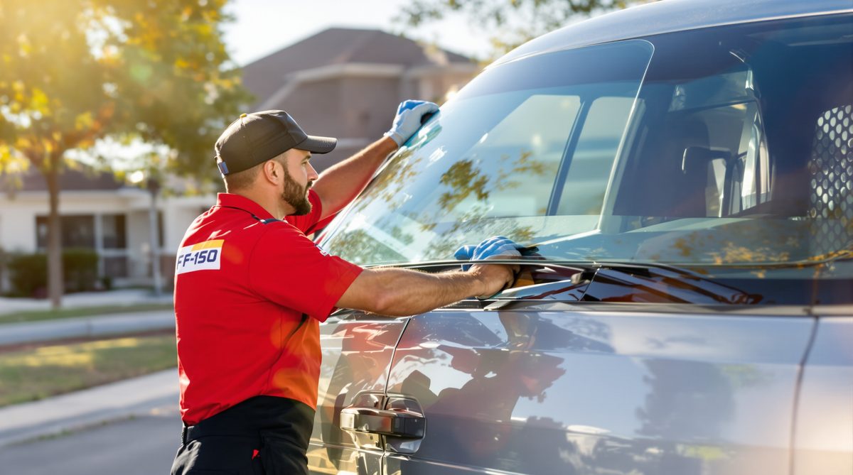 CC Auto Glass Pros technician in red uniform replacing windshield on Ford F-150 in Corpus Christi TX residential driveway