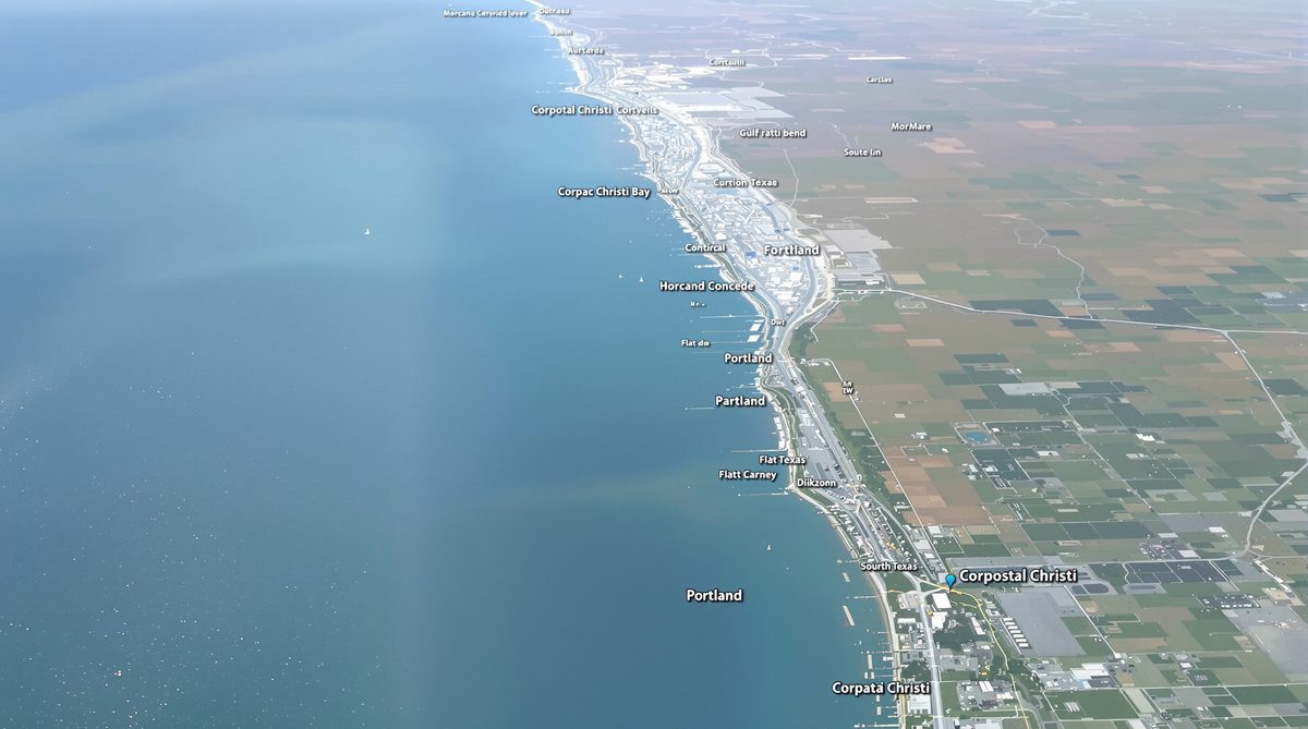 Wide aerial satellite view of Texas Coastal Bend showing Corpus Christi Bay Gulf of Mexico coastline Portland and flat South Texas landscape