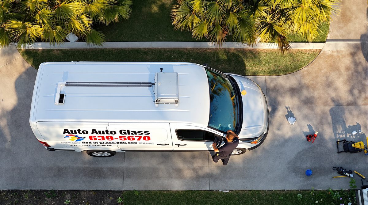 Bird's eye overhead drone view of mobile auto glass service van in South Texas driveway — CC Auto Glass Pros covers all Corpus Christi TX and Coastal Bend