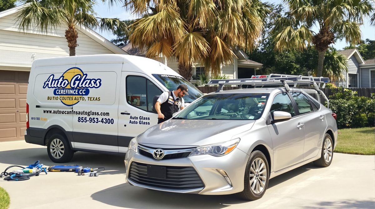 Mobile auto glass service van parked in South Texas driveway with palm trees — technician replacing windshield at customer home in Corpus Christi TX