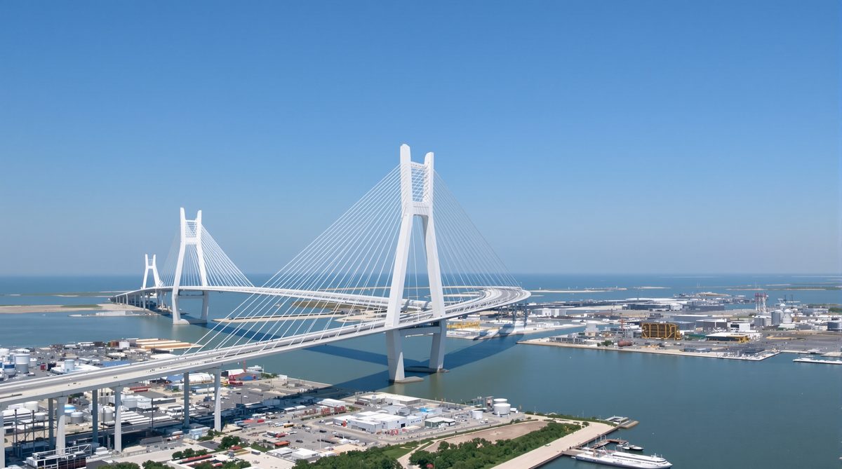 New Harbor Bridge cable-stayed arch spanning Corpus Christi Bay connecting Portland Texas to Corpus Christi with port facilities visible