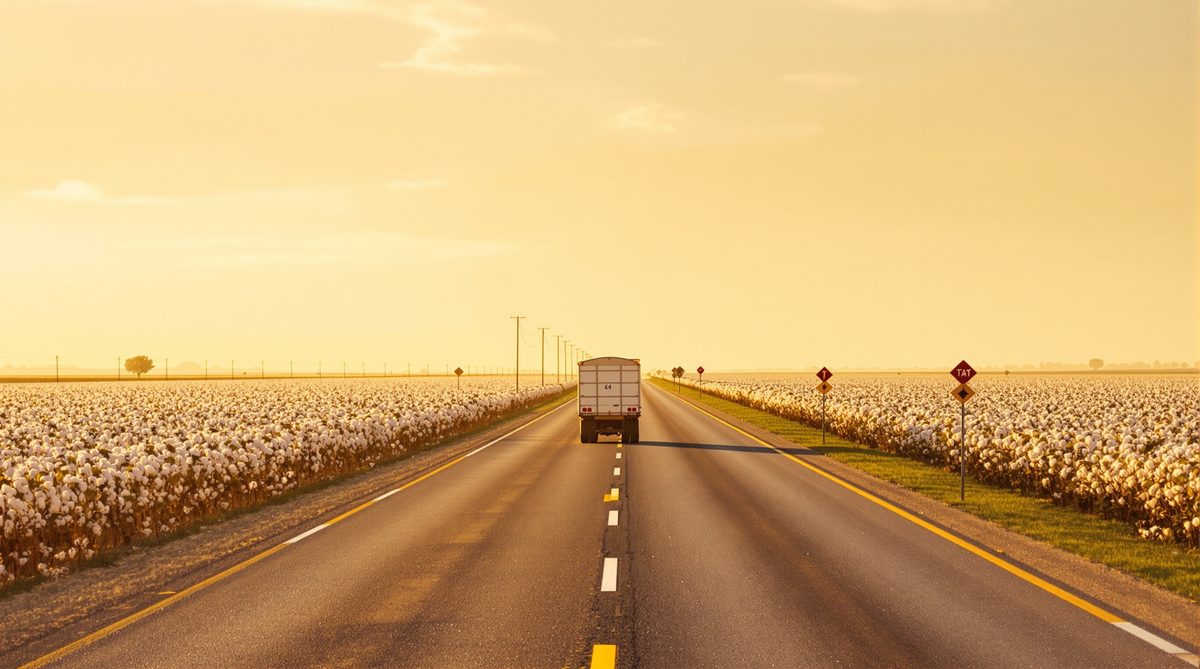 Highway 44 near Robstown Texas at sunset — grain truck driving through cotton fields on both sides of flat agricultural South Texas road