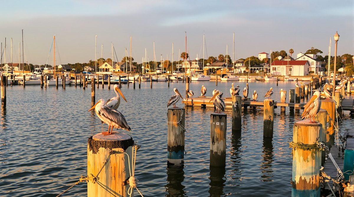 Rockport Texas scenic waterfront at golden hour — pelicans on dock pilings sailboats marina charming coastal Texas community Aransas Bay