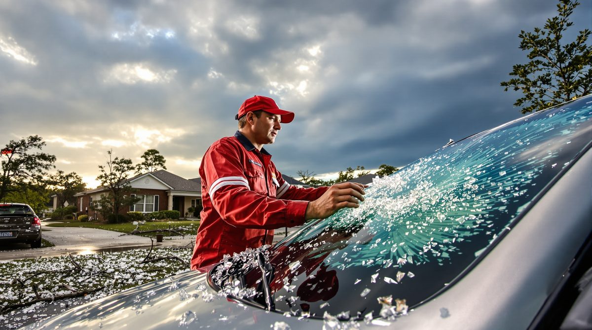 Auto glass technician in red uniform assessing shattered windshield hail damage on car after storm in Rockport Texas dramatic post-storm sky