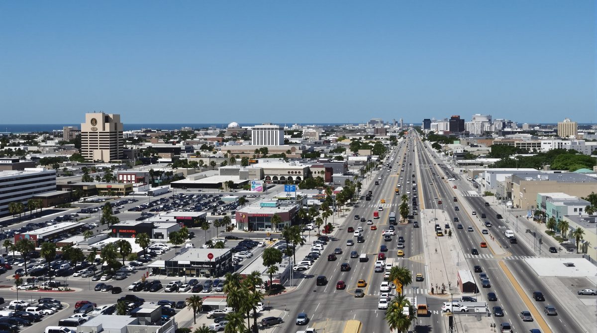 Aerial view of Corpus Christi Texas urban boulevard with palm trees and heavy traffic — CC Auto Glass Pros side mirror repair service area