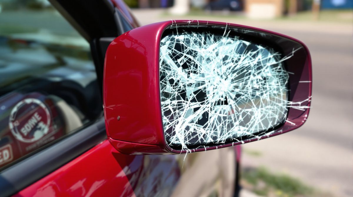 Shattered cracked side mirror glass on red car door in South Texas — side mirror repair Corpus Christi TX