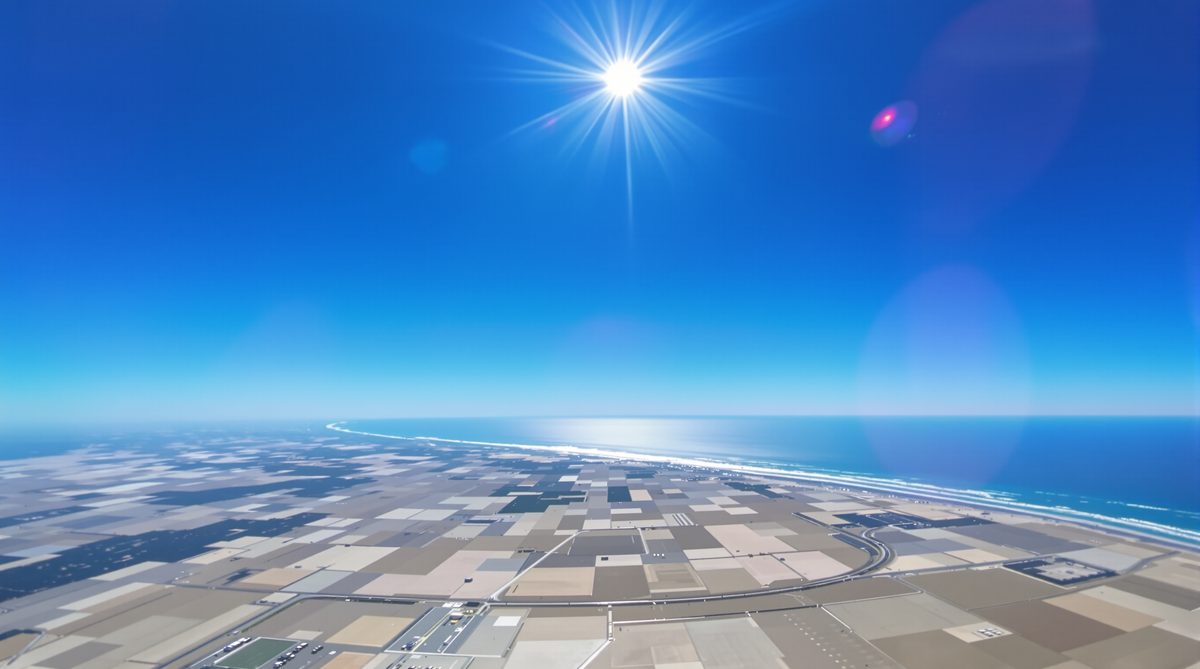 Intense South Texas coastal sun blazing over flat Gulf Coast landscape — extreme UV exposure damages sunroof glass in Corpus Christi TX