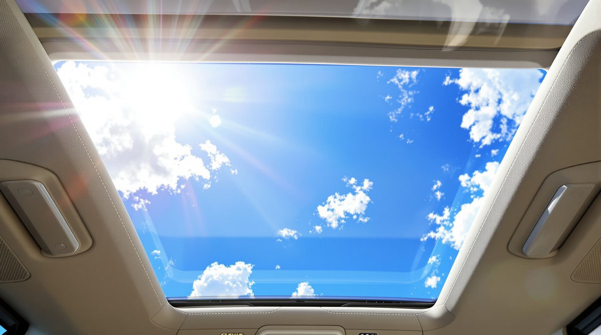 Car interior looking up through open panoramic sunroof at brilliant blue Texas sky with white clouds — sunroof glass repair Corpus Christi TX
