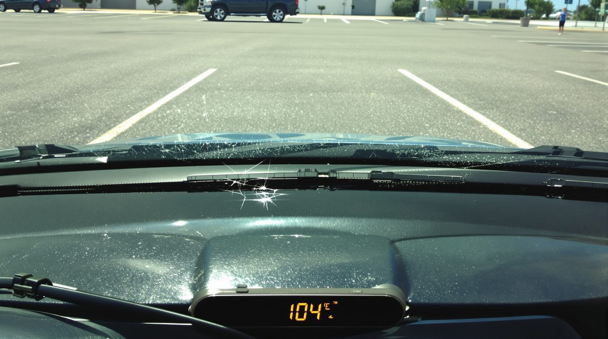Car dashboard showing 104 degrees Fahrenheit with cracked windshield in Corpus Christi TX summer parking lot