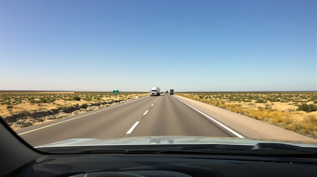 View through clean windshield driving on Texas highway I-37 near Corpus Christi with semi trucks ahead — windshield replacement restores clarity