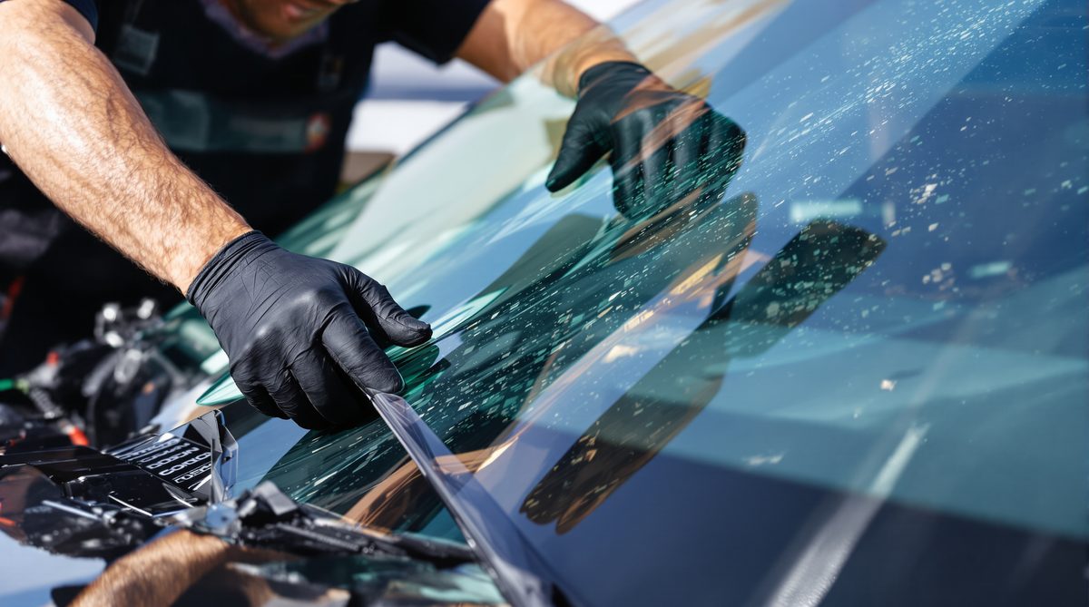 Auto glass technician wearing black gloves carefully installing new windshield on car — professional windshield replacement Corpus Christi TX